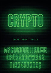 Crypto sign and green neon hollow font with numbers on vector dark brick wall background. Mysterious night light alphabet extra glow effect
