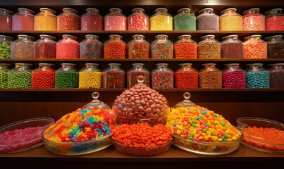  a variety of candy in a store with a shelf full of jars.  generative ai