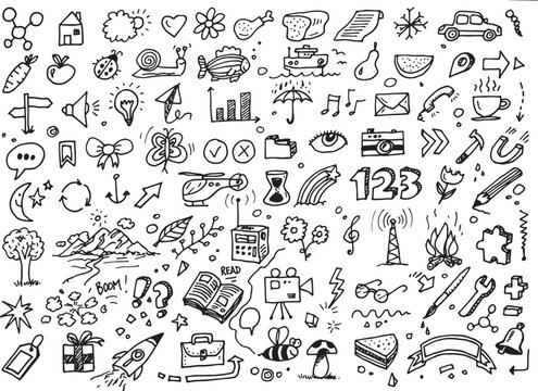 Set of different doodles, vector hand drawn sign and symbol elements