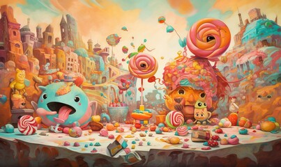 Fototapeta premium a painting of a table filled with candy and candies. generative ai