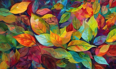 a painting of colorful leaves on a black background with a red, yellow, green, and orange color scheme.  generative ai