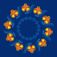 Traditional Ukrainian painting of Petrykivka. Elements of blue and yellow floral ornament. Decorative composition for the background. Repeating pattern.