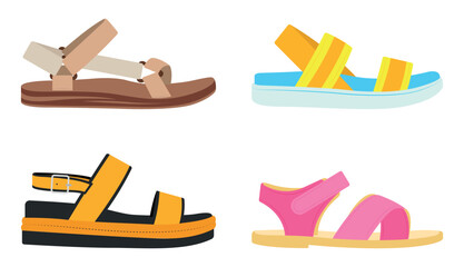 Set of colored summer sandals in cartoon style. Vector illustration of various open summer sandals with straps, low and high platform isolated on white background. Summer shoes.