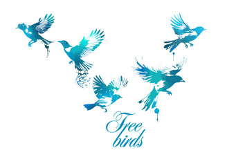 A flock of blue watercolor flying birds. Free birds abstraction Vector illustration