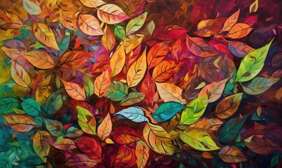  a painting of colorful leaves on a black background with red, green, yellow, and blue colors.  generative ai
