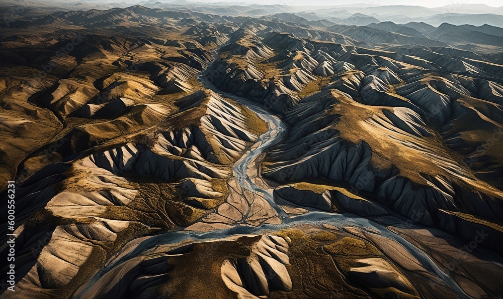 Poster an aerial view of a river running through a mountainous area. generative ai