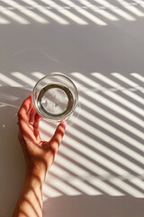 Female hand touching a glass of clear water, view from the top, abstract shadows, morning light