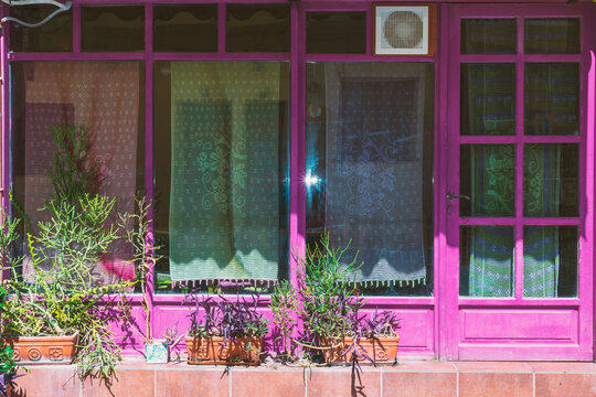 Pink windows of the house with house plants in pots. Vntage style.