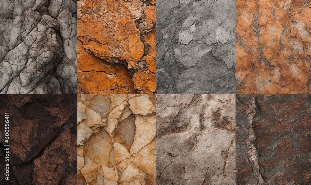Poster a group of different colored rocks with a brown and white pattern. generative ai
