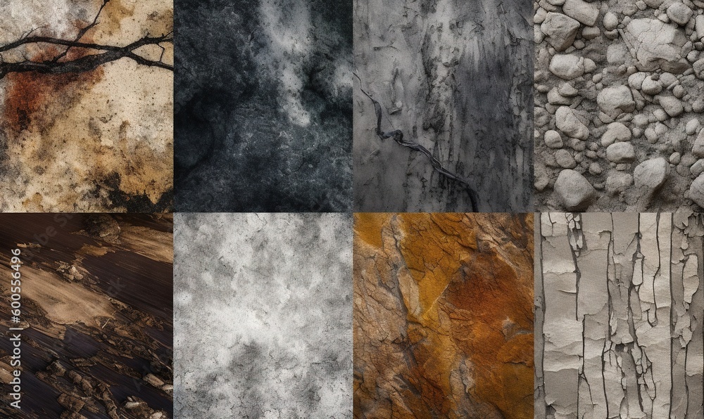 Poster a bunch of different types of rocks and trees in different colors. generative ai