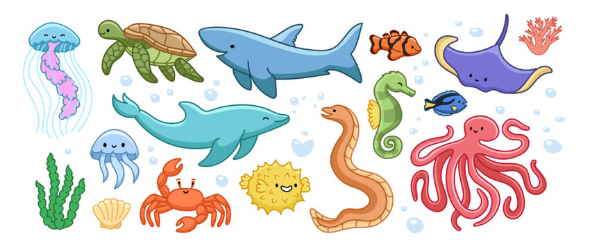 Set marine animals. Cute ocean fish, jellyfish, turtle, shark, stingray, dolphin, crab, octopus. Underwater sea life creatures. Cartoon vector illustration for children