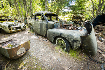 Forgotten combustion car cemetery in a forest