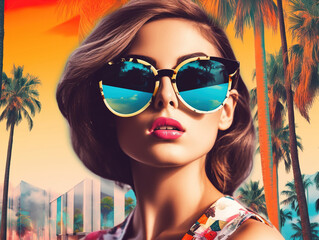 Fototapeta na wymiar Fashion woman wearing trendy sunglasses. Retro style 60s style girl palm trees, beach, summer. Generative AI
