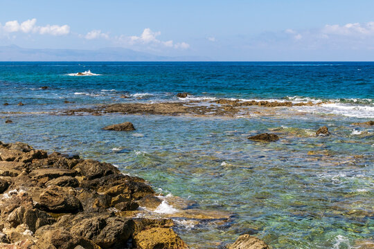 Stone coast of mediterranean sea. Greece Crete