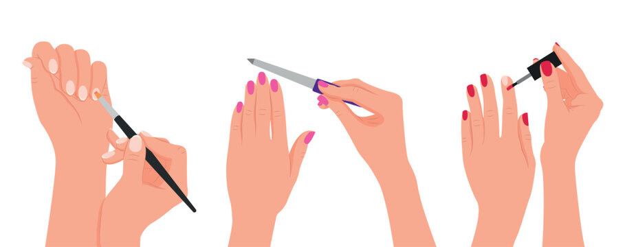Set of hands with stages of manicure in cartoon style. Vector illustration of different stages of manicure: curling the cuticle, filing, painting with red nail polish isolated on a white background.