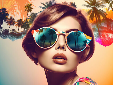 Fashion woman wearing trendy sunglasses. Retro style 60s style girl palm trees, beach, summer. Generative AI