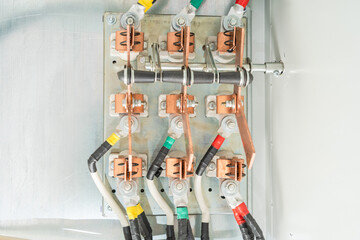 Electric control panel enclosure closeup. Electrical voltage.