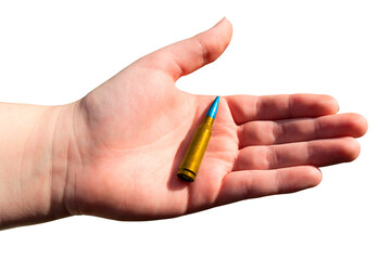 Yellow-blue rifle cartridge in hand on a transparent background. The concept of military support for Ukraine