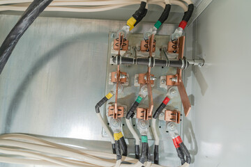 Electric control panel enclosure closeup. Electrical voltage.