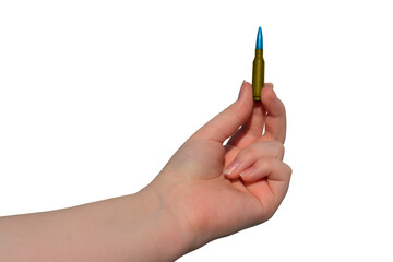 Yellow-blue rifle cartridge in hand on a transparent background. The concept of military support for Ukraine