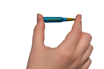 Yellow-blue rifle cartridge with the inscription NO WAR in hand on a transparent background. The concept of military support for Ukraine