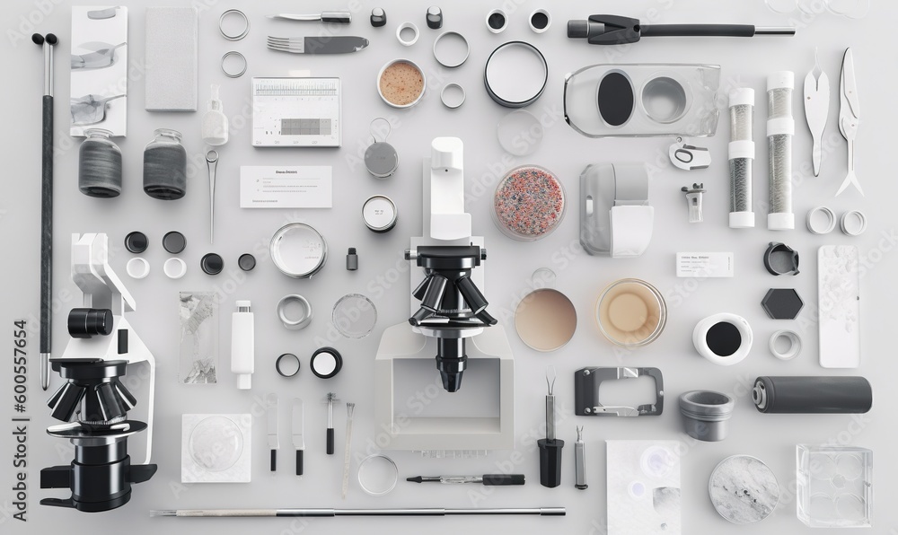 Poster a white table topped with lots of different types of items. generative ai