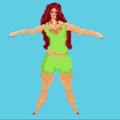 body-positivity red head woman on a blue background is standing on her toes. pixel art. 8 bit of  women's character for indie video game assets or cross stitch patterns.