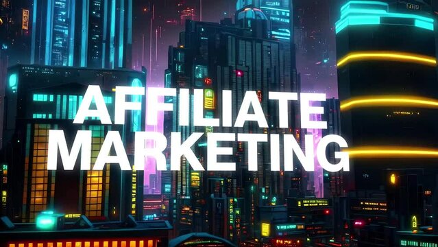 Affiliate Marketing type animation set against 3d render of a bustling cyberpunk metropolis city. Featuring a generative ai look and modern animation. 
