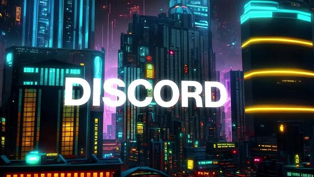 Discord type animation set against 3d render of a bustling cyberpunk metropolis city. Featuring a generative ai look and modern animation. 
