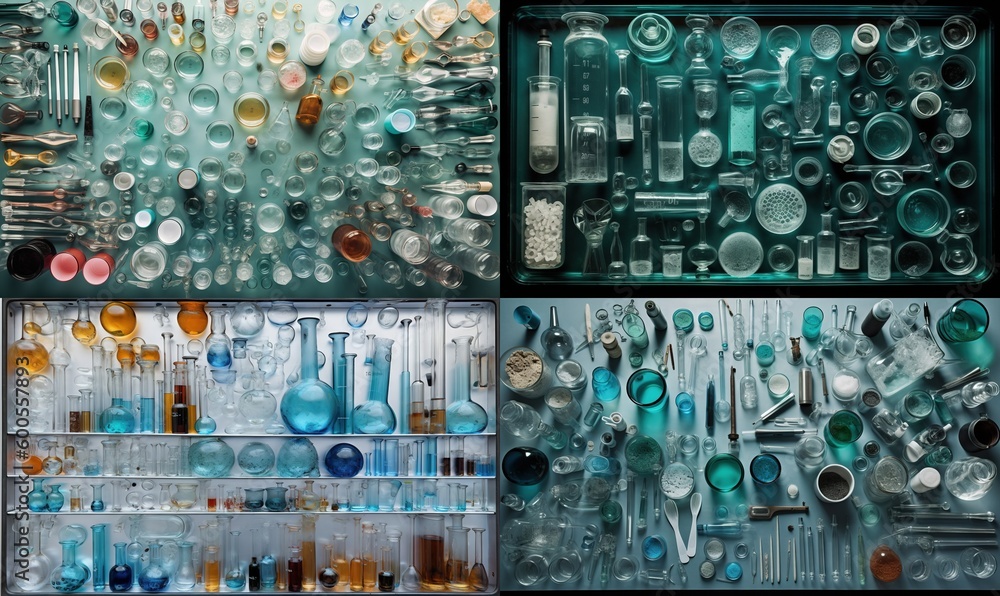 Poster a collection of glassware and spoons in a display case. generative ai