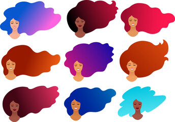 Vector illustration set of female avatars with smile and vibrant hair isolated on white background.