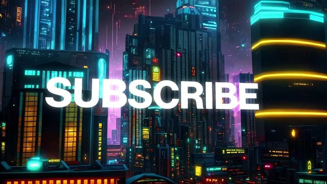 Subscribe type animation set against 3d render of a bustling cyberpunk metropolis city. Featuring a generative ai look and modern animation. 

