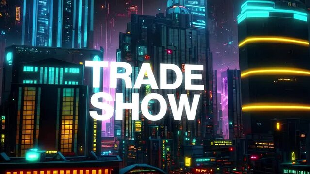 Trade Show type animation set against 3d render of a bustling cyberpunk metropolis city. Featuring a generative ai look and modern animation. 
