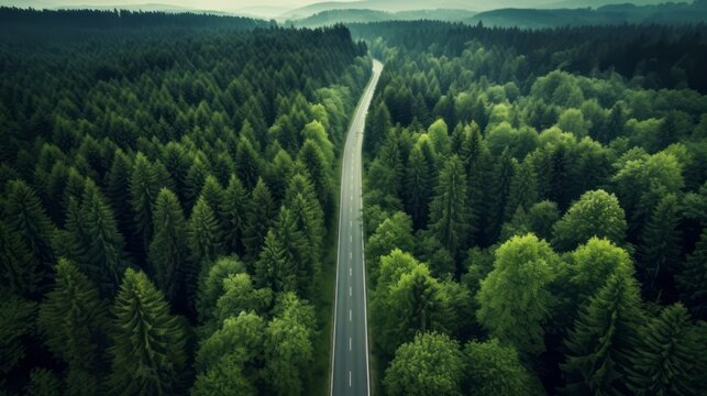 Road in the middle of the forest view from above. Generative AI