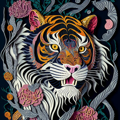 quilling of full portrait tigre paper cut art chinese, Generative AI