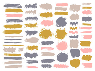 Oil muddy brush stroke vector pack. Hand drawn inkblot streak scratch shapes. Smear stain textured sticker stamp bundle. Daub ink spots drawing.