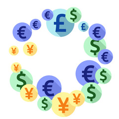 Euro dollar pound yen round signs flying money vector illustration. Financial concept. Currency