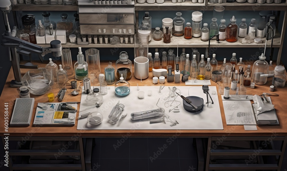 Poster a table topped with lots of different types of laboratory equipment. generative ai