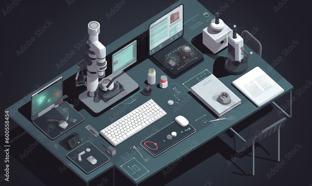 Poster a computer desk with a keyboard, monitor, mouse and other items. generative ai