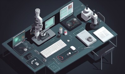  a computer desk with a keyboard, monitor, mouse and other items.  generative ai