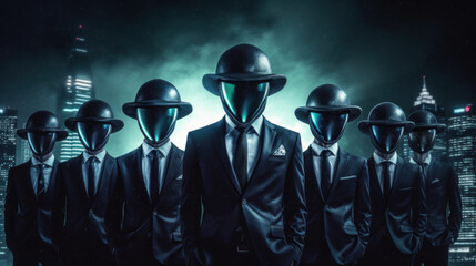 Three figures of alien rulers in chrome masks. Portraits of creatures that excel in the development of people. Illuminati and Reptilians. Created by AI