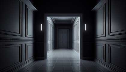 Modern futuristic sci-fi background with an empty dark room, Generative AI