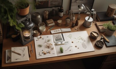 Obraz na płótnie Canvas a desk with a variety of plants and other items on it. generative ai