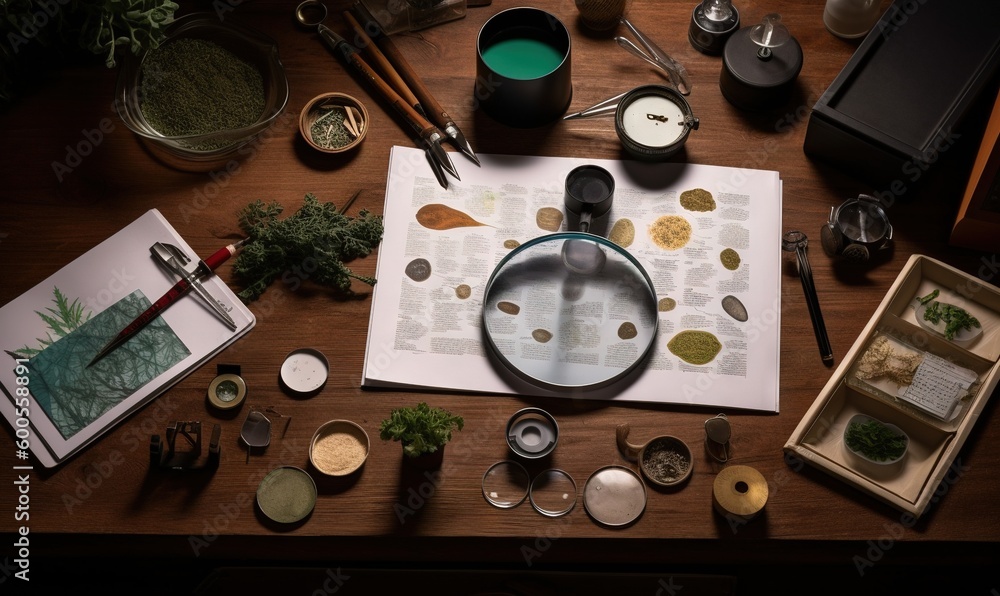 Aufkleber a table with a magnifying glass and other items on it. generative ai
