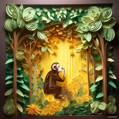 illustration of a brown monkey eating a banana in forest, Generative AI