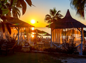 Scenic sunset at the beach with palm trees and sunbeds