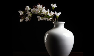 Fototapeta na wymiar a white vase with a branch of white flowers in it. generative ai