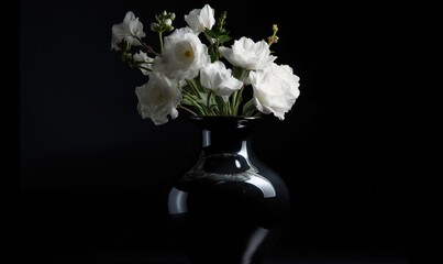  a black vase filled with white flowers on a black background.  generative ai