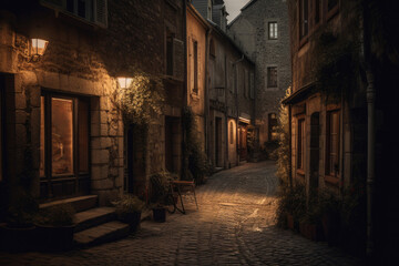 A narrow, cobblestone street in an old European town, lined with charming stone buildings. Generative AI