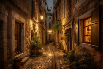 Fototapeta na wymiar Charming, empty, narrow, cobbled street lined with old, stone buildings. Generative AI